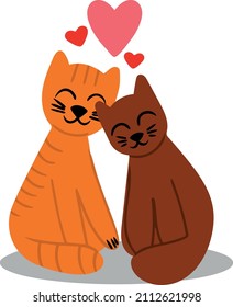 Adorable couple of cats with pink and red hearts next to them. Red striped cat and brown. Vector illustration. Image isolated on white background. Design element for use in design of for childrens and