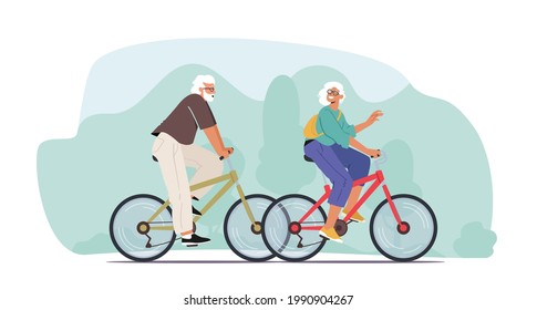 Adorable Couple of Cheerful Seniors Riding Bicycles, Man and Woman Pensioner Active Lifestyle, Aged People Extreme Activity, Senior Characters Driving Fast on Bikes. Cartoon People Vector Illustration