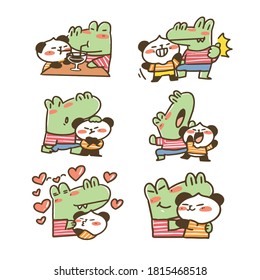 Adorable Couple Crocodile and Panda Doodle Illustration Collection Sticker Set 1. Best for Digital Sticker, Avatar, Asset.