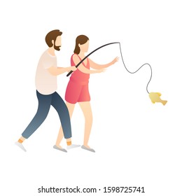 adorable couple fishing. a men get fish. and women try to take fish. outdoor romantic couple scenes. romantic couple relationship in flat vector illustration.