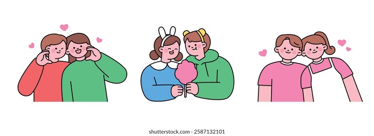 Adorable couple illustration set featuring romantic and happy moments. Includes a couple posing for a selfie, sharing cotton candy, and leaning on each other affectionately. 