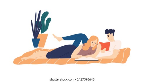 Adorable couple lying on bed and reading books. Young man and woman enjoying literature in evening. Portrait of husband and wife spending time together at home. Flat cartoon vector illustration.