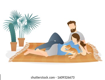 adorable couple lying on carpet and hugging a cat. relaxing couple scene. daily life of cute happy couple. romantic couple relationship in flat vector illustration