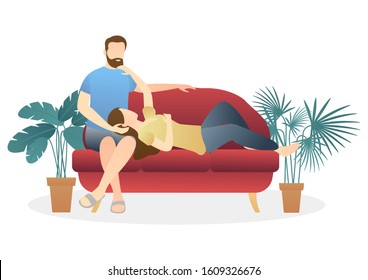 adorable couple lying on sofa. relaxing couple scene. daily life of cute happy couple. romantic couple relationship in flat vector illustration