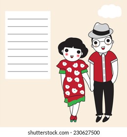Adorable Couple on a Happy Day paper note illustration set