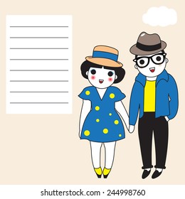 Adorable Couple on a Happy Day paper note illustration set