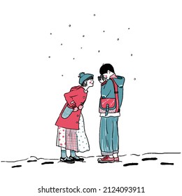 adorable couple on white snow winterday