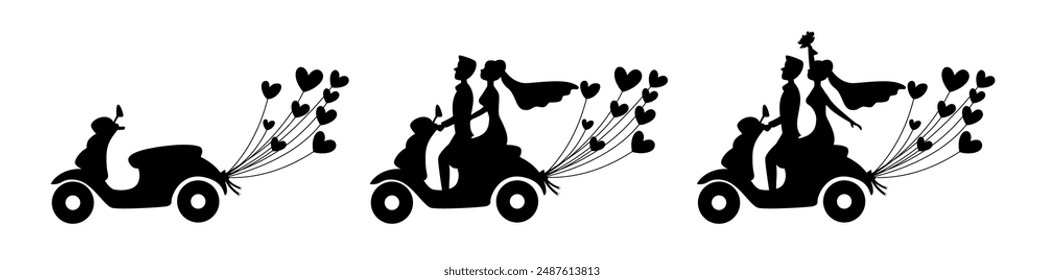 Adorable couple riding bicycle, Just married couple bride and groom riding tandem bicycle silhouette	