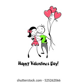Adorable couple in sketch style with balloons. Characters in different situations. Hand drawn design lovers character on Valentine day for your design. Happy Valentines day card. Vector illustration