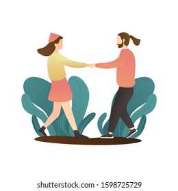 adorable couple standing while holding hands. outdoor romantic couple scenes. romantic couple relationship in flat vector illustration.