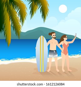 adorable couple take a selfie at the beach. outdoor activity romantic couple scenes. romantic couple relationship in flat vector illustration.