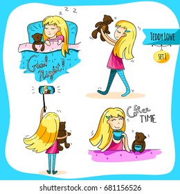 Adorable couple together in different situations - sleeping, selfie, hugging, eat. Cute girl with her funny bear teddy friend. Set of stickers. For cards and design. Vector hand drawn illustration. 