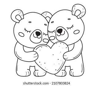 Adorable couple of valentine bears with heart. Bears for coloring book.Line art design for kids coloring page. Vector illustration. Isolated on white background