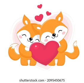 Adorable couple of valentine foxes with heart. Vector illustration. Isolated on pink background.