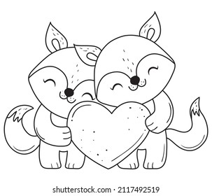 Adorable couple of valentine foxes with heart. Foxes for coloring book.Line art design for kids coloring page. Vector illustration. Isolated on white background