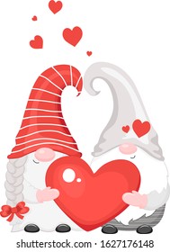 Adorable couple of valentine gnomes. Vector illustration. Isolated on white background.