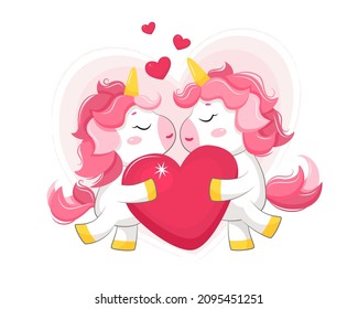 Adorable couple of valentine unicorns with heart. Vector illustration. Isolated on pink background.