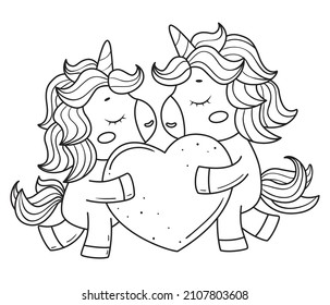 Adorable couple of valentine unicorns with heart. Unicorns for coloring book.Line art design for kids coloring page. Vector illustration. Isolated on white background