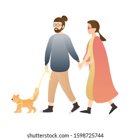 adorable couple walking with their cat. outdoor romantic couple scenes. romantic couple relationship in flat vector illustration.