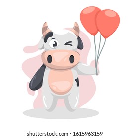 ADORABLE COW WITH BALLOON CARTOON VECTOR