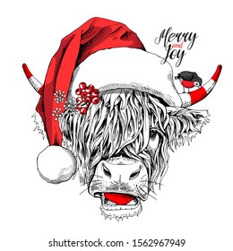 Adorable Cow with bangs in a red Santa's hat and with a bird. Merry and joy - lettering quote. Christmas and New year card, Humor composition, hand drawn style print. Vector illustration.