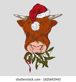 Adorable Cow with bangs in a red Santa's hat and with. Merry and joy - lettering quote. Christmas and New year card,hand drawn style print. Vector illustration.