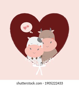 Adorable cow couple inside a heart isolated object. Cow illustration. Valentine's day illustration