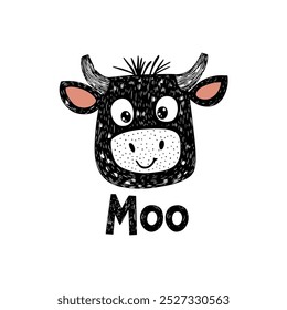 Adorable Cow Illustration with 'Moo' Text. Ideal for children's designs, farm-themed decor, or playful graphic projects.