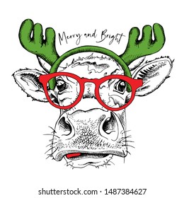 Adorable Cow in a Moose antler headband and in a glasses. Merry and bright - lettering quote. Christmas and New year card, Humor composition, hand drawn style print. Vector illustration.