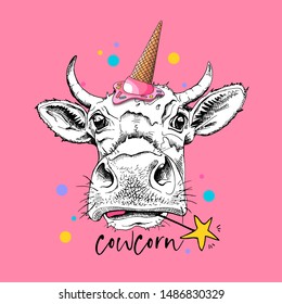 Adorable Cow In A Pink Ice Cream Party Hat And With A Yellow Star. Cowcorn - Lettering Quote. Happy Birthday Humor Card, T-shirt Composition, Hand Drawn Style Print. Vector Illustration.