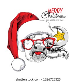 Adorable Cow in the red Santa's hat, in the glasses and with a star. Merry Christmas and New year card, Humor composition, hand drawn style print. Vector illustration.