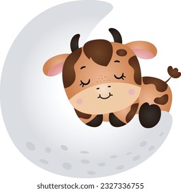 Adorable cow sleeping on moon
