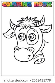 Adorable cow wearing a bell in a simple and cute style, perfect for a children's coloring book.