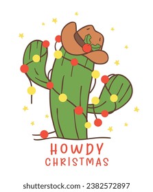 Adorable Cowboy Christmas Cactus Character hand drawing, perfect for your festive Christmas greetings. Ideal for cards, decor, and more.