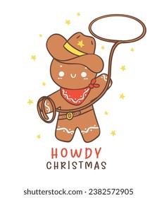 Adorable Cowboy Christmas Ginngerbread Man Cookie cartoon Character hand drawing, perfect for your festive Christmas greetings. Ideal for cards, decor, and more.