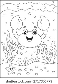 Adorable página para colorear de cangrejo con una caricatura sonriente de cangrejo bajo el agua con plantas marinas, burbujas y una estrella de mar. Ilustración de contorno negro limpio perfecto para libros de colorear para niños, hojas de trabajo con temas oceánicos, actividades preescolares e imprimibles educativos.