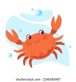Adorable crab vector flat illustration isolated on white background. For children's books, nursary, clothes, banners, stickers, greeting cards and invitations. Aquatic fauna 