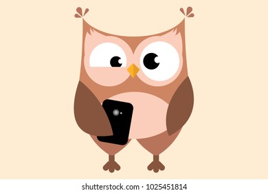 Adorable crazy owl having sleep problems holding smartphone on yellow beige background. Sleepless with phone. Eps vector illustration