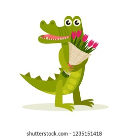 Adorable crocodile with bouquet of pink tulips. Funny green reptile. Flat vector design