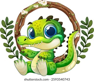 Adorable crocodile surrounded by leaves and flowers