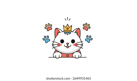 Adorable crowned white cat surrounded by paw prints and sparkles creating a whimsical scene
