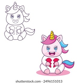 Adorable Crying Unicorn with Broken Heart in Line Art and Vector Style