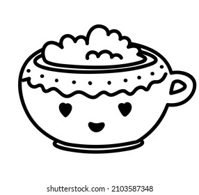 An adorable cup of cocoa and whipped cream. Doodle drawing isolated on white background.