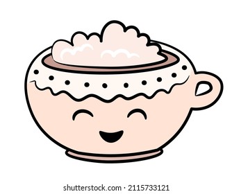 An adorable cup of cocoa and whipped cream. Doodle drawing isolated on white background.