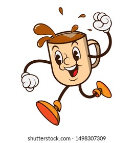 Adorable a cup of coffee mascot character running and spilling coffee water with vintage style Cartoon Vector