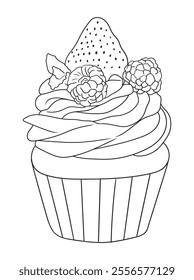 Adorable cupcake illustration with whipped cream details, perfect for coloring books, scrapbooking, or digital art. Fun and engaging linework design.