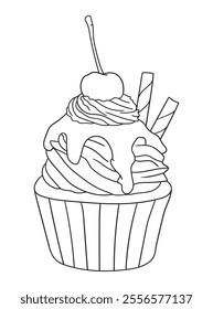 Adorable cupcake illustration with whipped cream details, perfect for coloring books, scrapbooking, or digital art. Fun and engaging linework design.