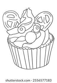 Adorable cupcake illustration with whipped cream details, perfect for coloring books, scrapbooking, or digital art. Fun and engaging linework design.
