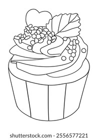 Adorable cupcake illustration with whipped cream details, perfect for coloring books, scrapbooking, or digital art. Fun and engaging linework design.