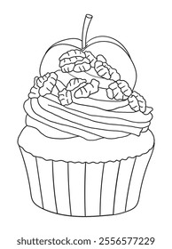 Adorable cupcake illustration with whipped cream details, perfect for coloring books, scrapbooking, or digital art. Fun and engaging linework design.